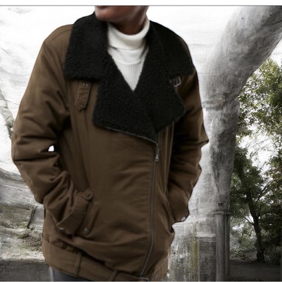 Express Olive Black Fleece Asymmetrical Bomber Jacket - Picture 1 of 4